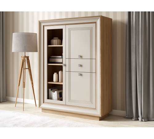 Шкаф-витрина 2 дв 1 ящ Прато низкий, вяз швейцарский светлый/газания матовая