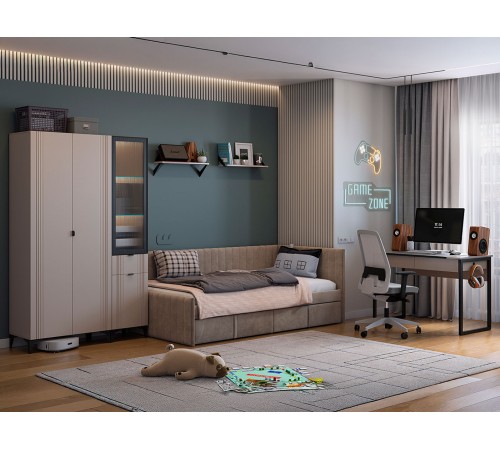 Шкаф 1 дв Рич со стеклом, кашемир/фрапучино матовый/черный