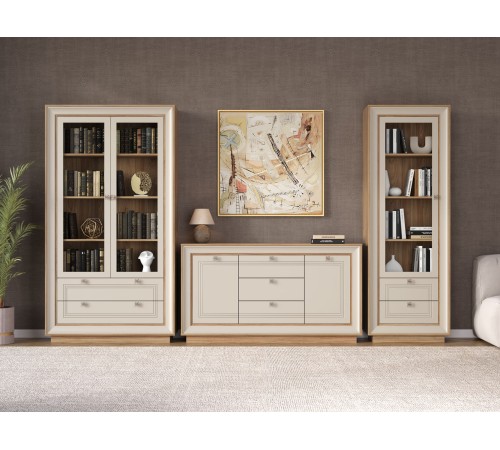 Шкаф-витрина 2 дв 2 ящ Прато, вяз швейцарский светлый/газания матовая