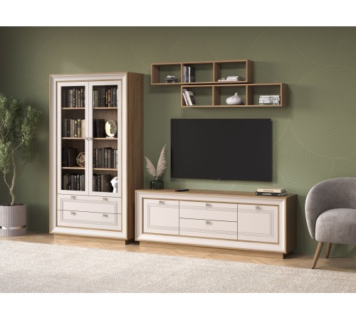 Шкаф-витрина 2 дв 2 ящ Прато, вяз швейцарский светлый/газания матовая