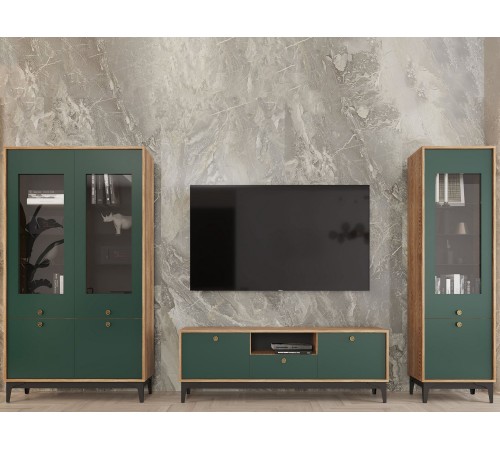 Шкаф-витрина Брасс широкий, каштан/изумруд/черный, металл