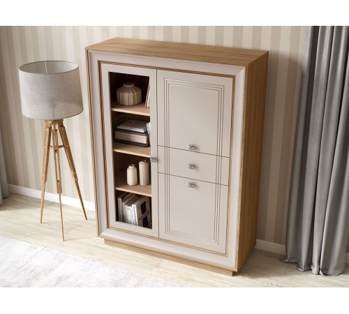 Шкаф-витрина 2 дв 1 ящ Прато низкий, вяз швейцарский светлый/газания матовая