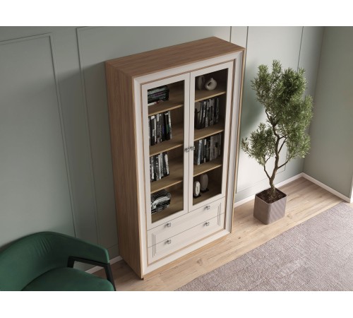 Шкаф-витрина 2 дв 2 ящ Прато, вяз швейцарский светлый/газания матовая