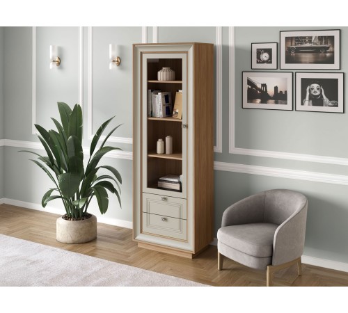 Шкаф-витрина 1 дв 2 ящ Прато, вяз швейцарский светлый/газания матовая