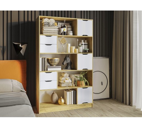 Стеллаж Юнит с дверцами и ящиками, дуб крафт/белый