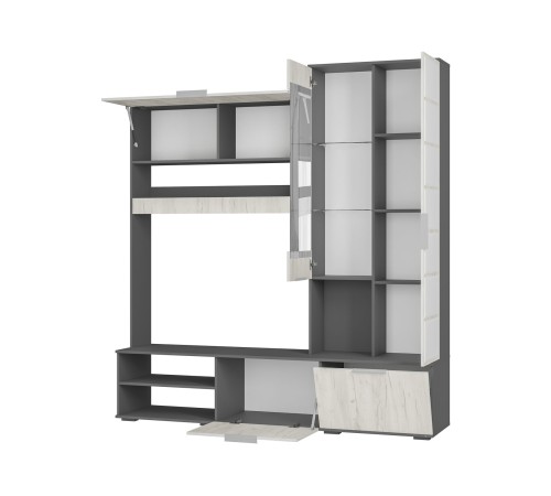 Стенка для гостиной Плаза, графит/дуб крафт белый/стекло