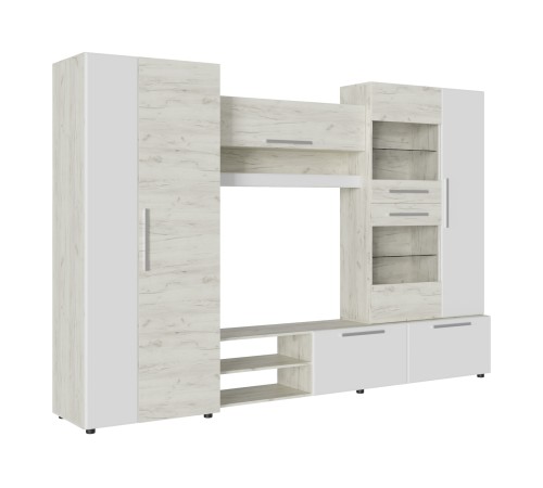 Стенка для гостиной Сафари НМ, дуб крафт белый/белый матовый