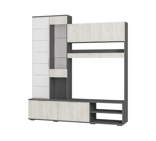 Стенка для гостиной Плаза, графит/дуб крафт белый/стекло