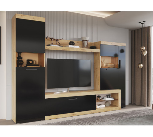 Гостиная Бастон, дуб вотан/черный глянец (набор)