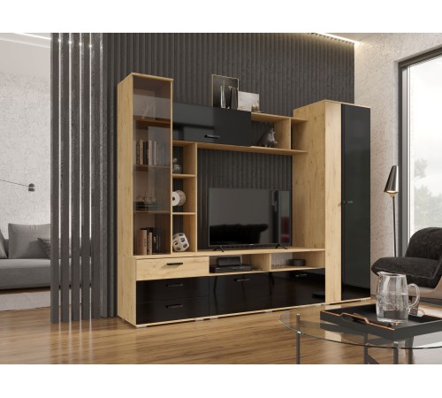 Гостиная Крокус, дуб вотан/черный глянец