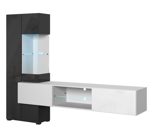 Стенка для гостиной Поинт с подсветкой, белый/чёрный глянец