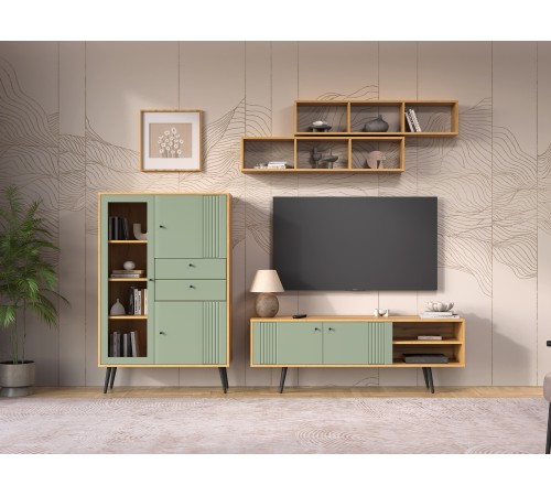 Гостиная Вега Саксония 6, дуб крафт золотой/серо-зеленый