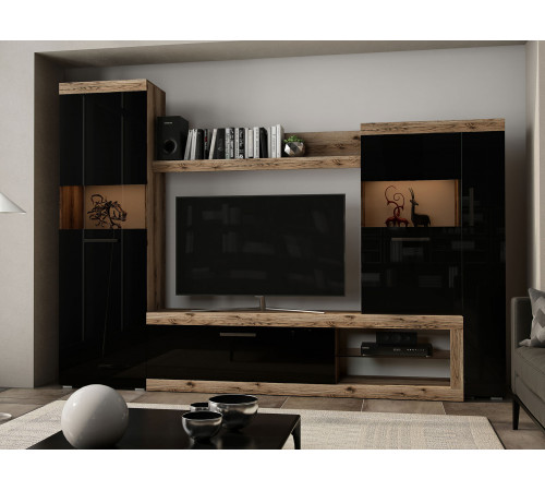 Гостиная Бастон, дуб делано/черный глянец (набор)