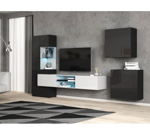 Стенка для гостиной Поинт с подсветкой, белый/чёрный глянец