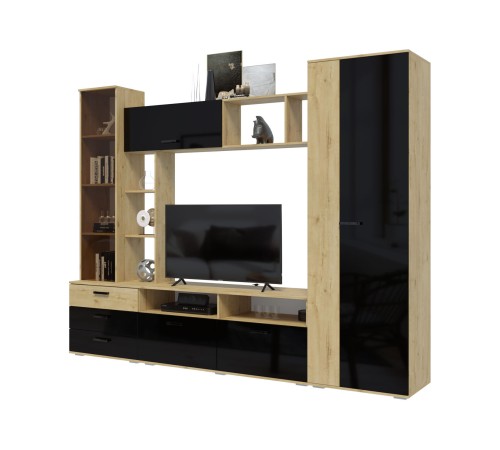 Гостиная Крокус, дуб вотан/черный глянец