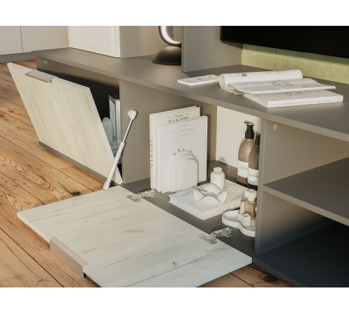 Стенка для гостиной Плаза, графит/дуб крафт белый/стекло