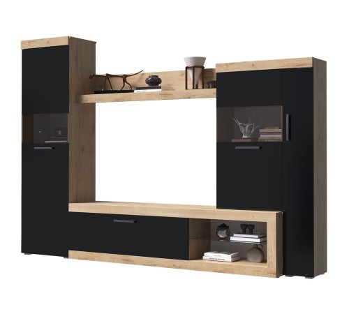 Гостиная Бастон 2, дуб вотан/черный глянец