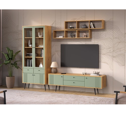 Гостиная Вега Саксония 7, дуб крафт золотой/серо-зеленый