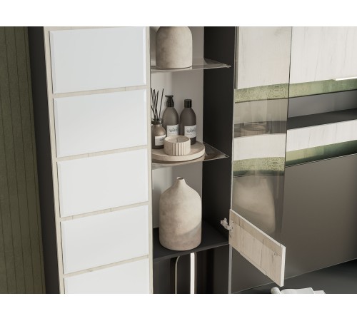 Стенка для гостиной Плаза, графит/дуб крафт белый/стекло