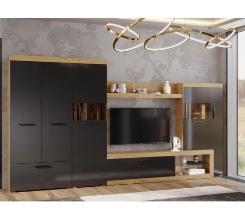 Гостиная Бастон 2, дуб вотан/черный глянец