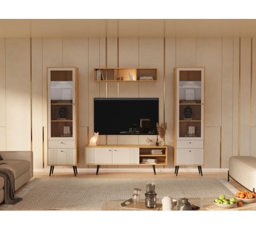 Гостиная Вега Саксония 3, дуб крафт золотой/миндаль