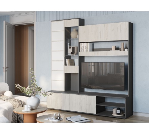 Гостиная Плаза 2, графит/дуб крафт белый/стекло