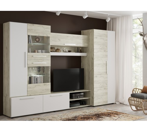 Стенка для гостиной Сафари НМ, дуб крафт белый/белый матовый