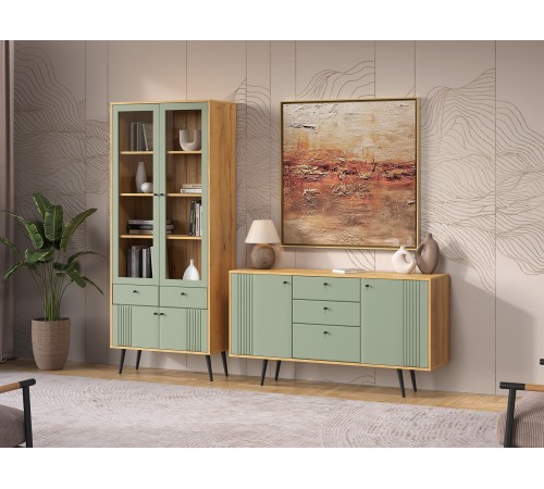 Гостиная Вега Саксония 8, дуб крафт золотой/серо-зеленый