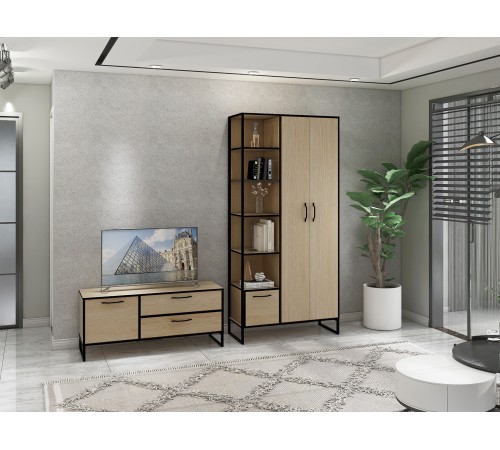 ТВ-тумба Виртон закрытая, дуб крафт золотой/черный