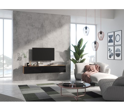 Тв-тумба Сомеро V 180, дуб вотан / черный глянец